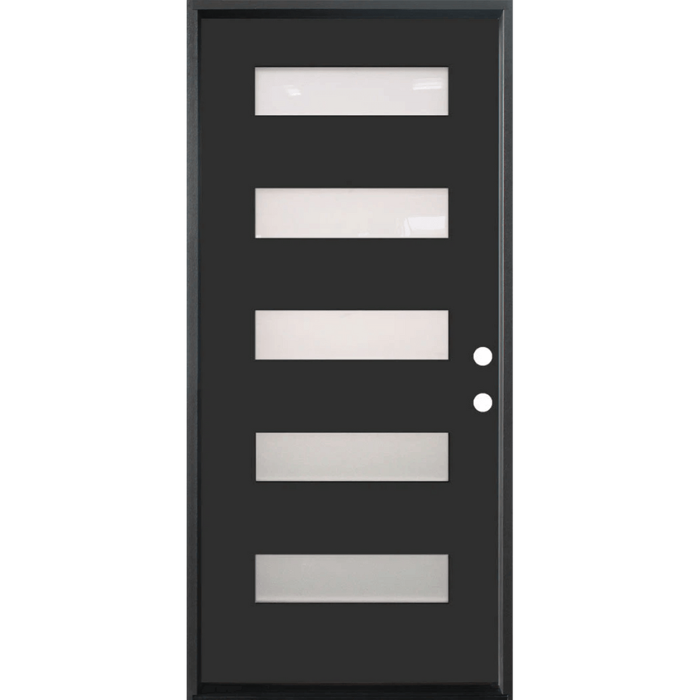 36 in. x 80 in. 5-Lite Shaker Acid Etch Painted Black Prehung Fiberglass Exterior Door with Brickmold - Left-Handed