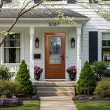 Hometown 36 in. x 80 in. 3/4 Lite Decorative Glass Stained Light Brown Prehung Fiberglass Exterior Door with Brickmold
