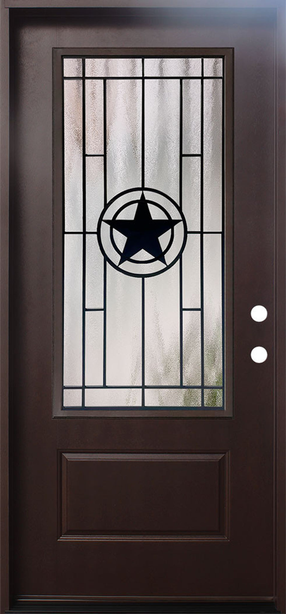 Puerta de fibra de vidrio precolgada Texas Star de 3/0 x 6/8 en color marrón oscuro