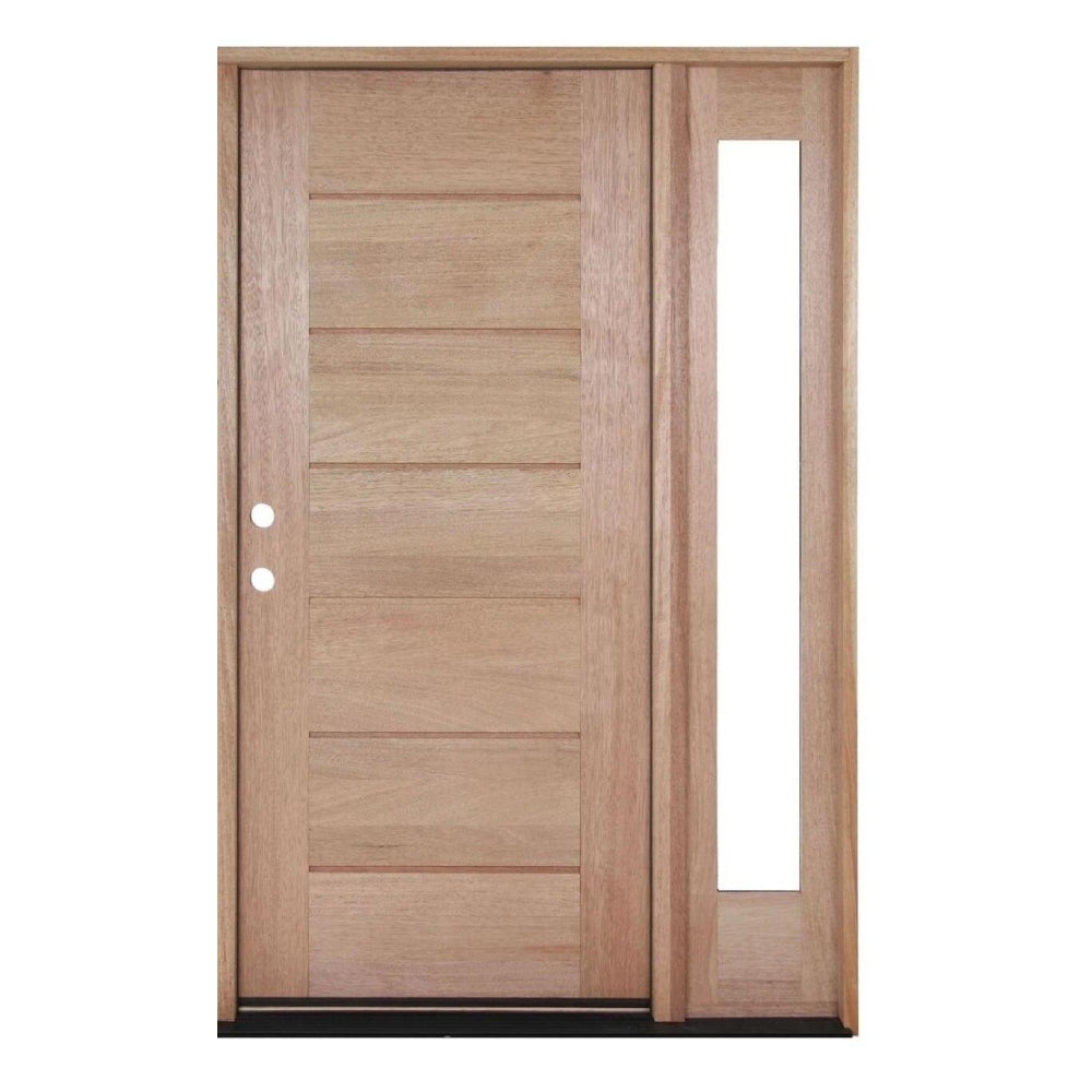 Puerta exterior de caoba de 4 pies 5 pulg. x 6 pies 8 pulg. con líneas horizontales y una ventana lateral