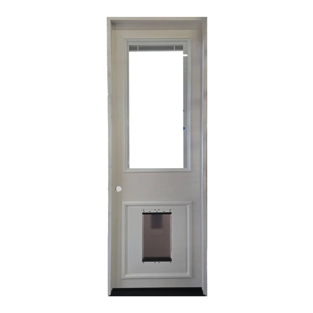 2/8x8/0 Prehung Fiberglass Exterior Door with Miniblinds and a Doggy Door