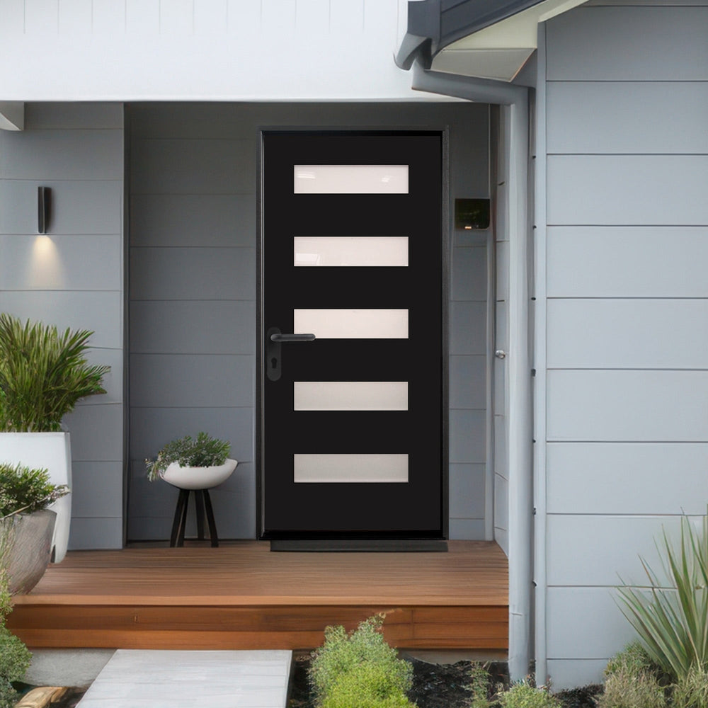 36 in. x 80 in. 5-Lite Shaker Acid Etch Painted Black Prehung Fiberglass Exterior Door with Brickmold - Exterior Doors