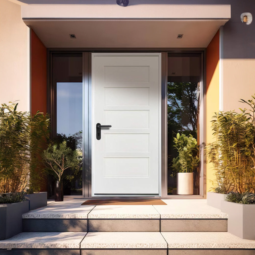 36 in. x 80 in. 5 Panel Fire Rated Unfinished White Prehung Fiberglass Exterior Door with Brickmold - Exterior Doors
