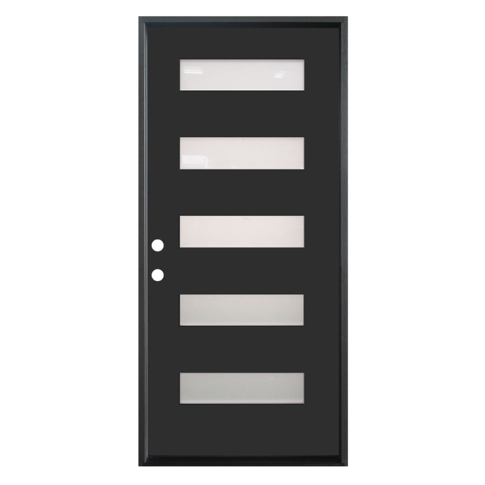 Puerta de fibra de vidrio precolgada simple de 3/0 x 6/8 en color negro con 5 paneles