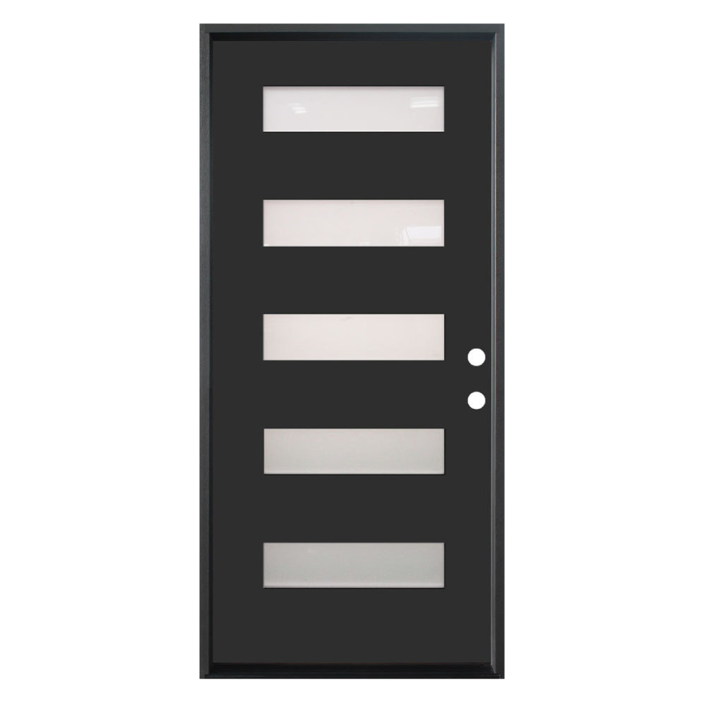 Puerta de fibra de vidrio precolgada simple de 3/0 x 6/8 en color negro con 5 paneles