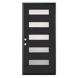 Puerta de fibra de vidrio precolgada simple de 3/0 x 6/8 en color negro con 5 paneles