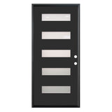 Puerta de fibra de vidrio precolgada simple de 3/0 x 6/8 en color negro con 5 paneles