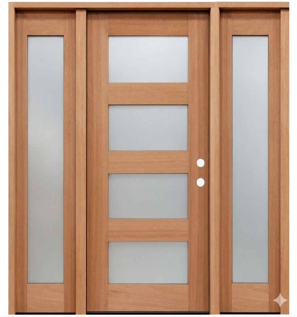 Puerta exterior precolgada moderna de caoba con cuatro paneles laterales de 5 pies y 9 pulgadas x 6 pies y 8 pulgadas