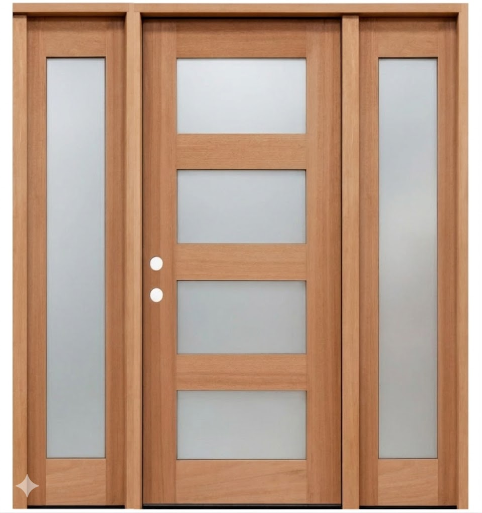 5 ft. 9 in. x 6 ft. 8 in. Modern 4 Lite Mahogany Exterior Prehung Door with Sidelites