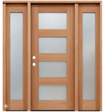 Puerta exterior precolgada moderna de caoba con cuatro paneles laterales de 5 pies y 9 pulgadas x 6 pies y 8 pulgadas