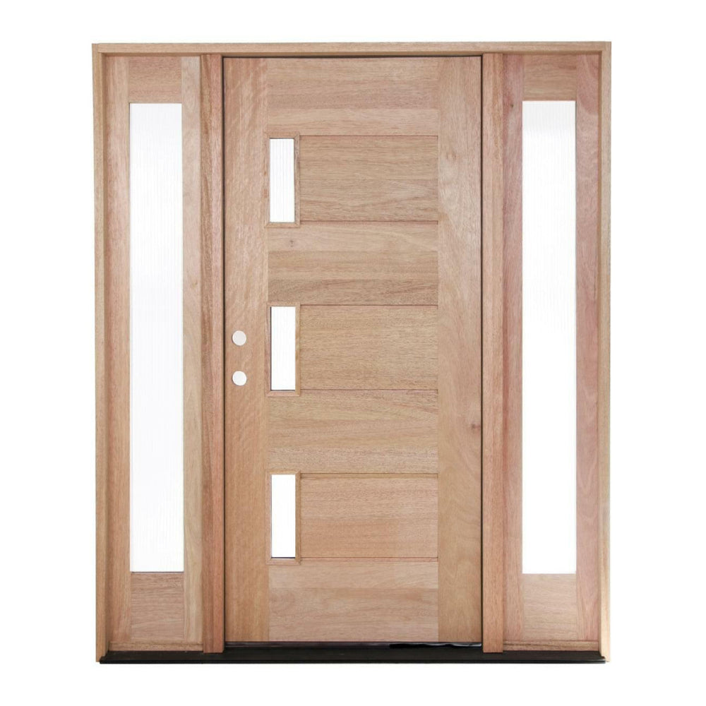 Puerta precolgada exterior de caoba de 5 pies 9 pulg. x 6 pies 8 pulg. con vidrio de tres líneas y laterales