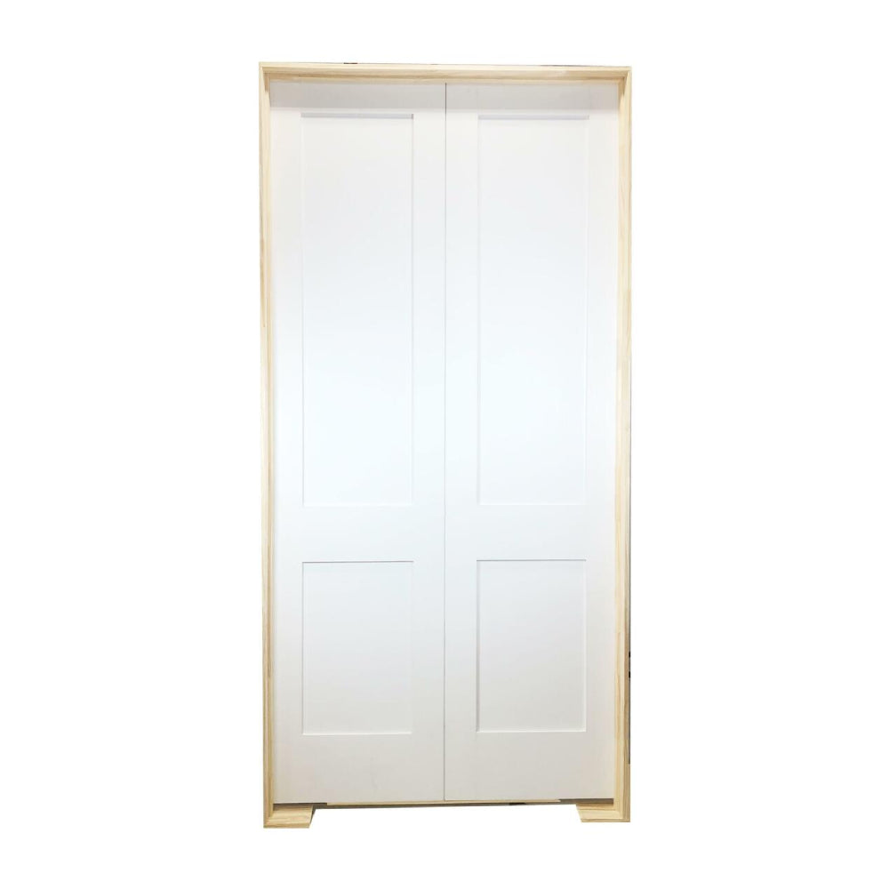 Puerta francesa interior precolgada de MDF con núcleo sólido, de 2 paneles, color blanco, de 6 pies x 8 pies, con imprimación Shaker