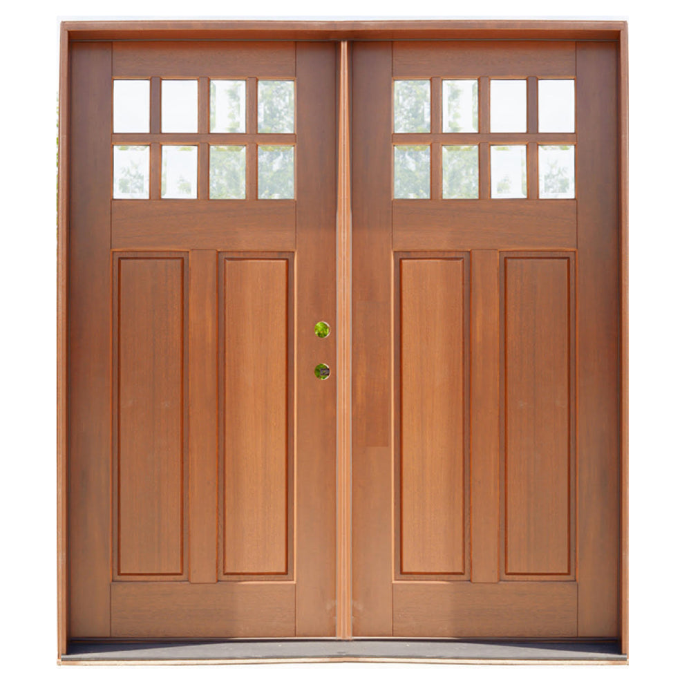 Puerta doble precolgada de caoba para exteriores de 6 pies x 6 pies 8 pulgadas, modelo Craftsman, de 8 luces