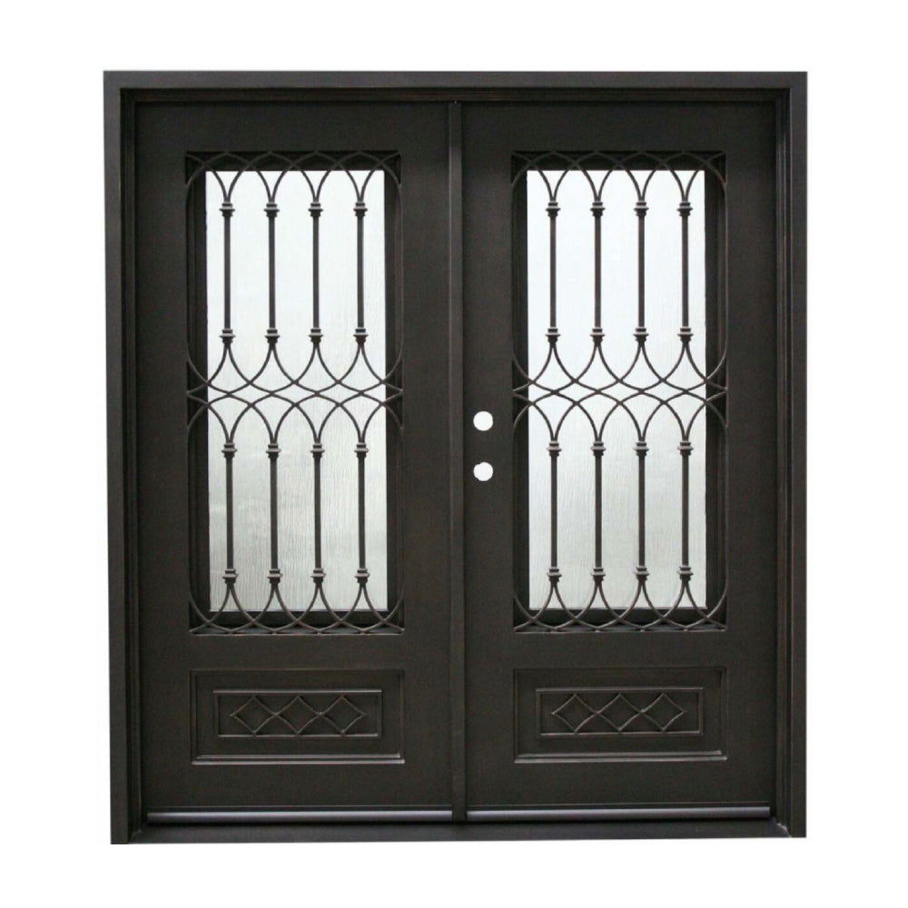 Puerta de entrada doble de hierro forjado precolgada Bella de 6 pies x 6 pies 8 pulgadas