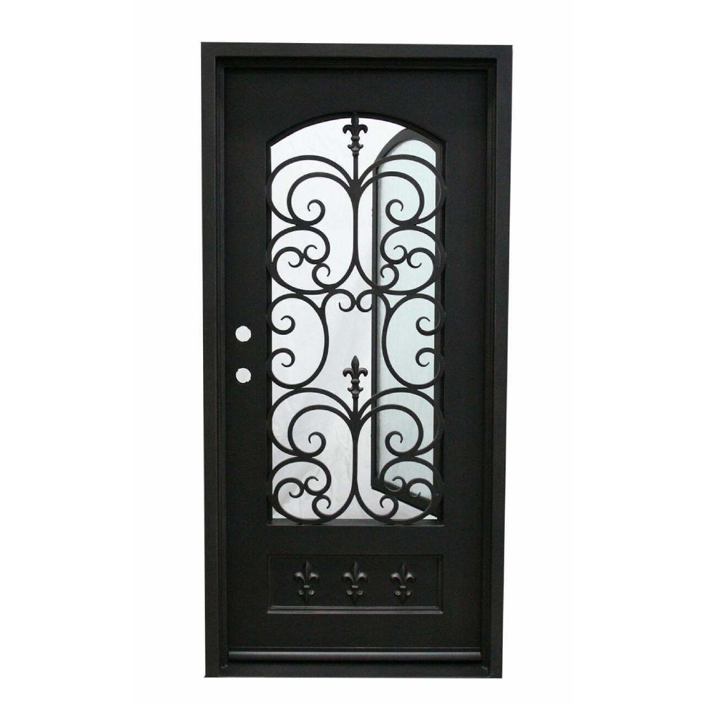 Puerta de entrada precolgada de hierro forjado simple Fleur De Lis de 3 pies x 6 pies 8 pulgadas
