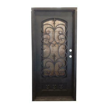 Puerta de entrada precolgada de hierro forjado simple Fleur De Lis de 3 pies x 6 pies 8 pulgadas