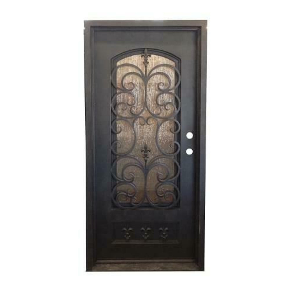 Puerta de entrada precolgada de hierro forjado simple Fleur De Lis de 3 pies x 6 pies 8 pulgadas