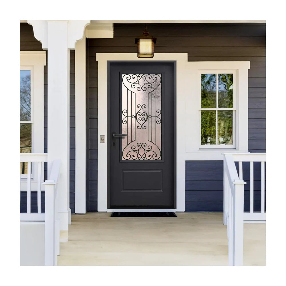 Jupiter 36 in. x 80 in. 3/4 Lite Decorative Glass Painted Black Prehung Fiberglass Exterior Door with Brickmold