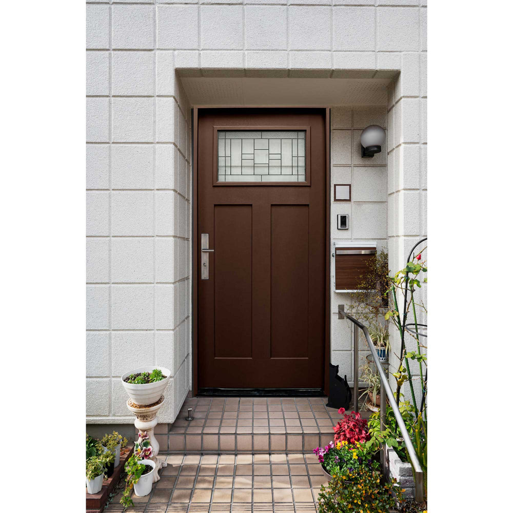 Hometown 36 in. x 80 in. 1/4 Lite Decorative Glass Stained Dark Walnut Prehung Fiberglass Exterior Door with Brickmold