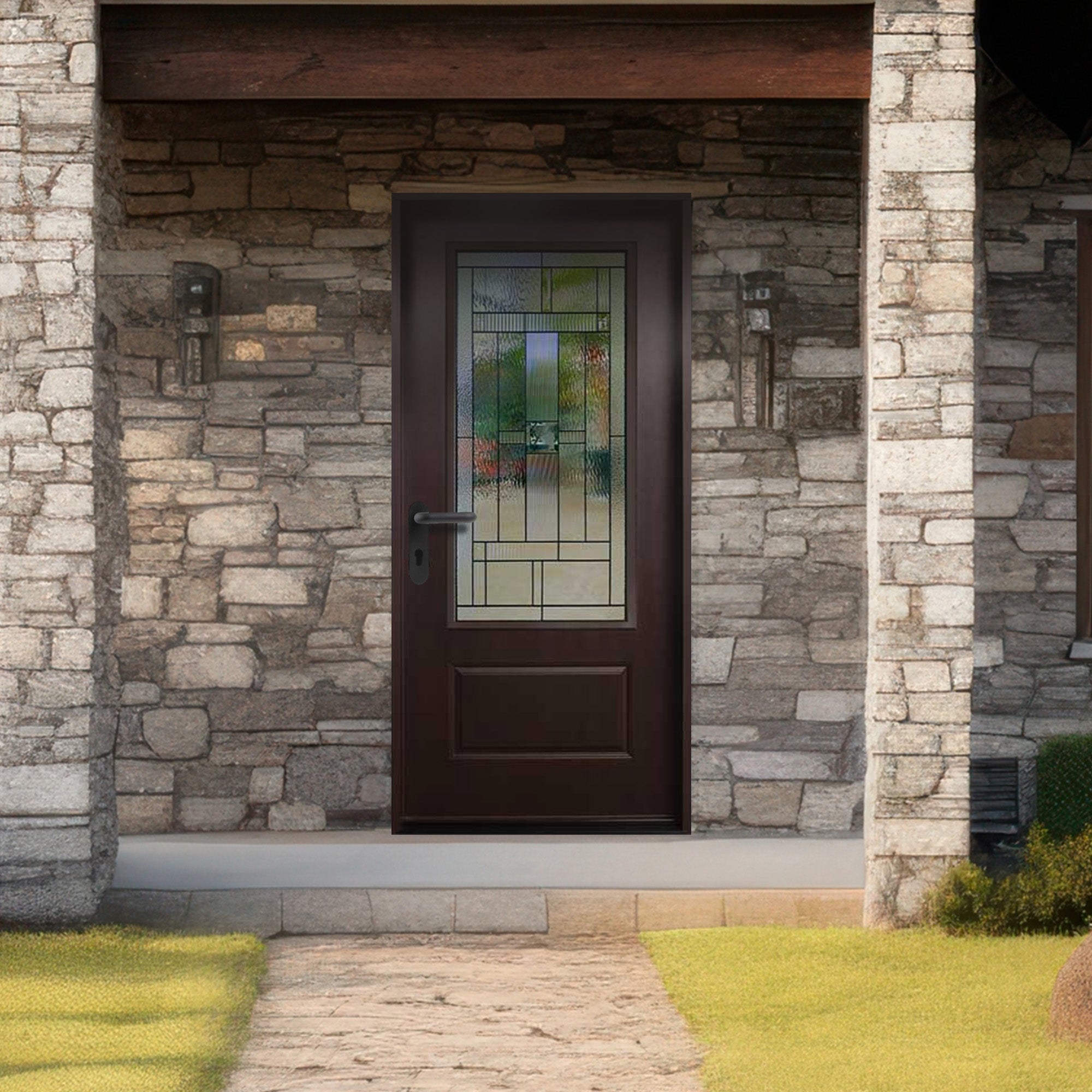 Hometown 36 in. x 80 in. 3/4 Lite Decorative Glass Stained Dark Walnut Prehung Fiberglass Exterior Door with Brickmold