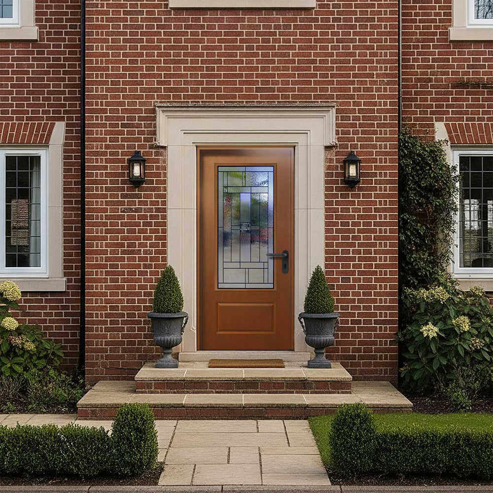 Hometown 36 in. x 80 in. 3/4 Lite Decorative Glass Stained Light Brown Prehung Fiberglass Exterior Door with Brickmold
