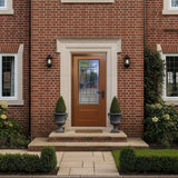Hometown 36 in. x 80 in. 3/4 Lite Decorative Glass Stained Light Brown Prehung Fiberglass Exterior Door with Brickmold