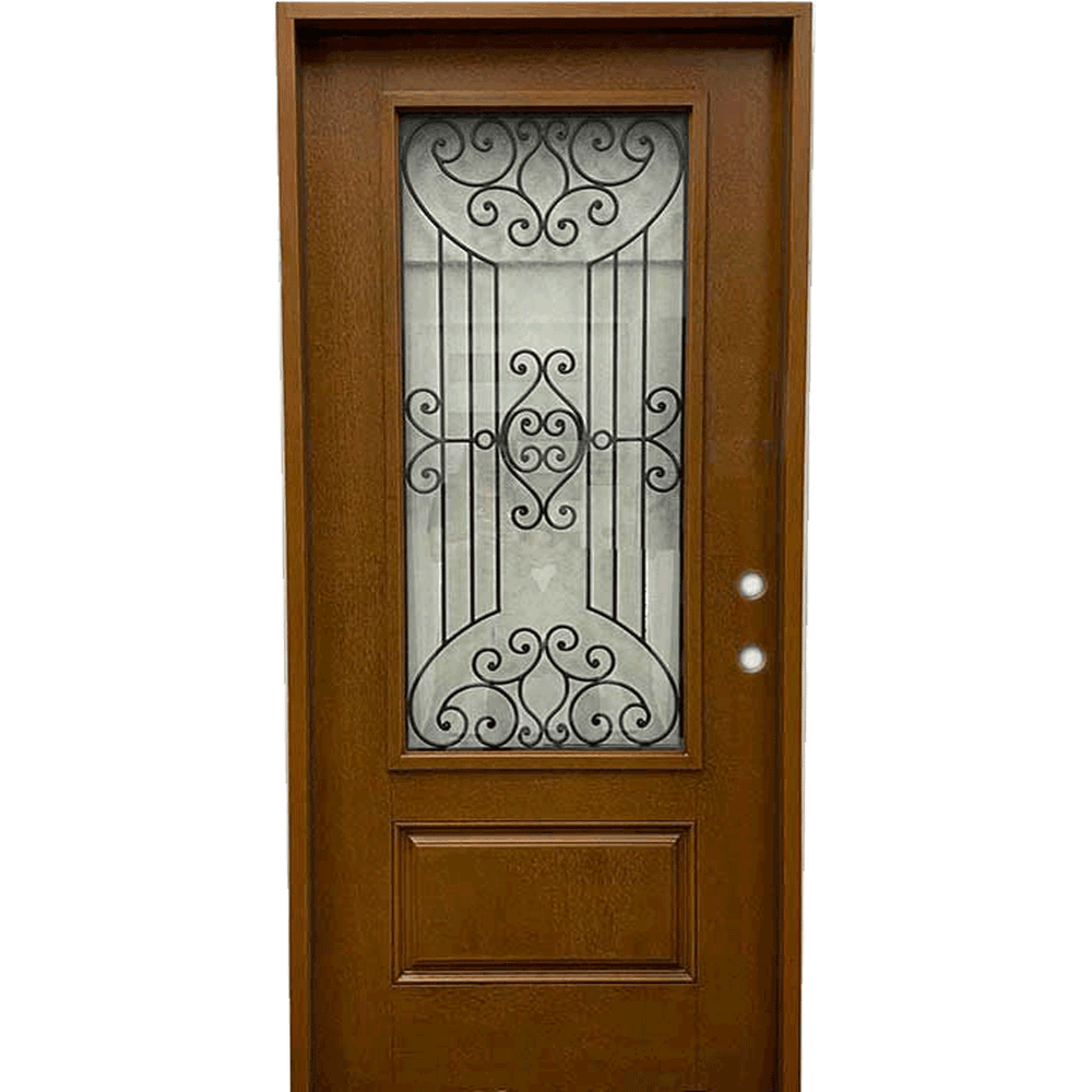 Jupiter 36 in. x 80 in. 3/4 Lite Decorative Glass Stained Light Brown Prehung Fiberglass Exterior Door with Brickmold