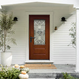 Jupiter 36 in. x 80 in. 3/4 Lite Decorative Glass Stained Light Brown Prehung Fiberglass Exterior Door with Brickmold