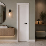 18 in. x 80 in. 1-Panel Shaker Solid Core Primed White MDF Prehung Interior Door with Black Hinges - Interior Doors
