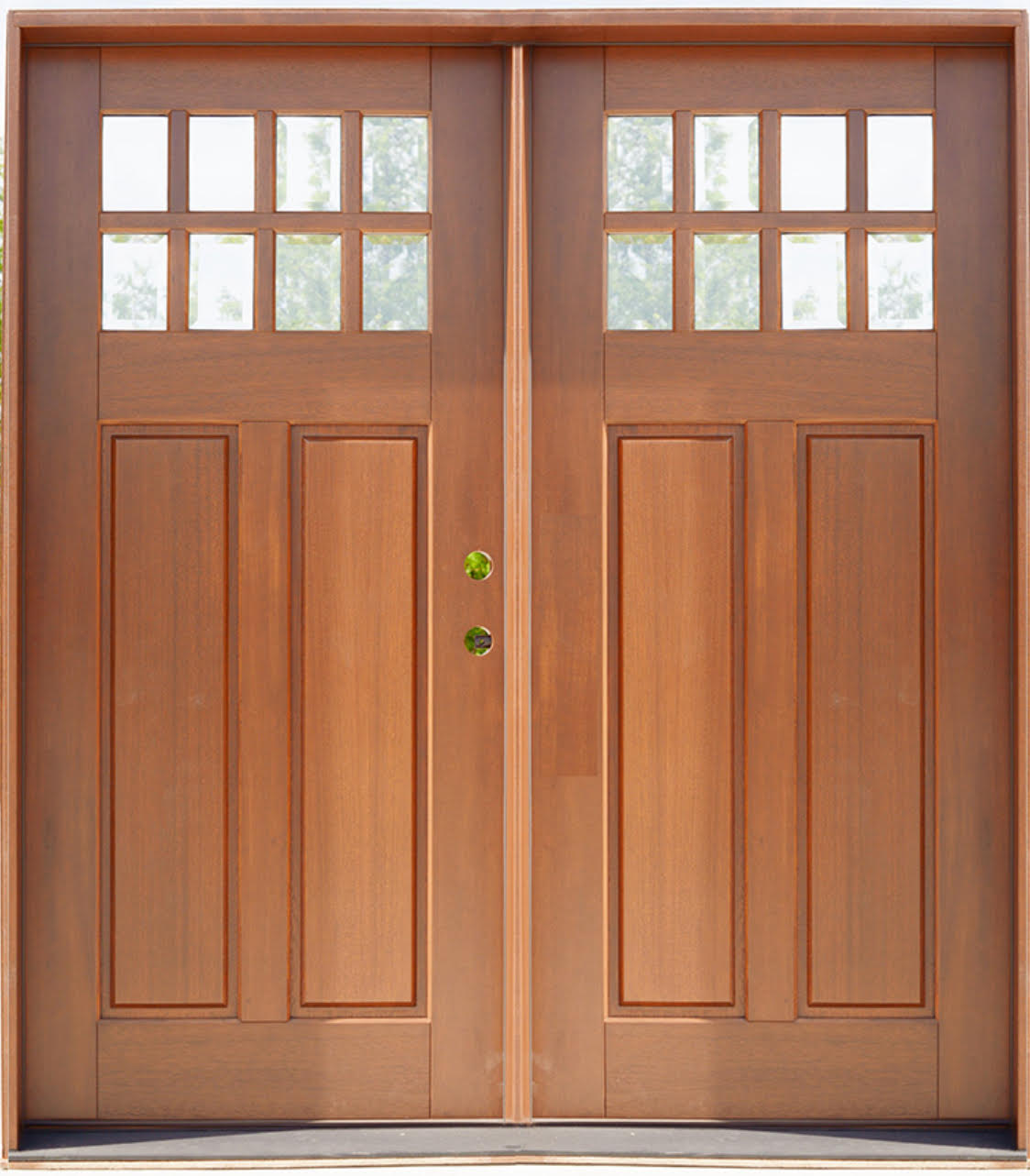 Puerta doble precolgada de caoba para exteriores de 6 pies x 6 pies 8 pulgadas, modelo Craftsman, de 8 luces