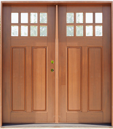 Puerta doble precolgada de caoba para exteriores de 6 pies x 6 pies 8 pulgadas, modelo Craftsman, de 8 luces