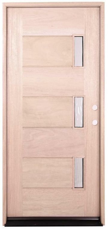 Puerta de entrada precolgada de caoba de 3 pies x 6 pies 8 pulgadas con vidrio de tres líneas