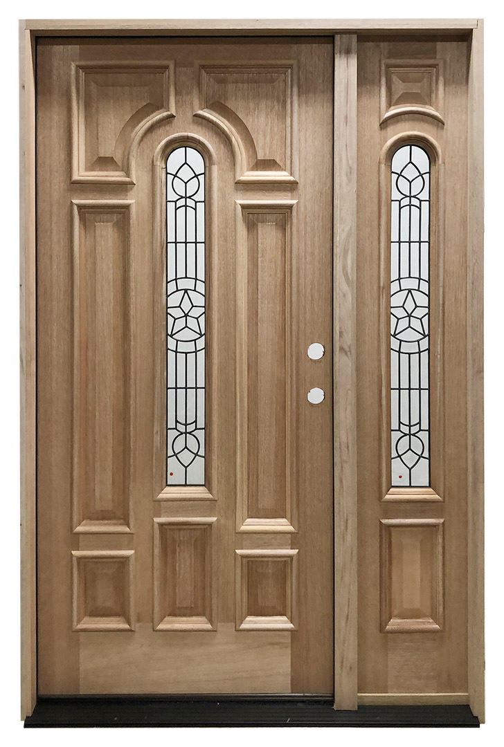 4 ft. 5 in. x 6 ft. 8 in. Mahogany Prehung Front Door with Texas Star Leaded Glass And One Sidelite Main Layout Photo