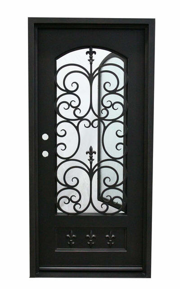 Puerta de entrada precolgada de hierro forjado simple Fleur De Lis de 3 pies x 6 pies 8 pulgadas